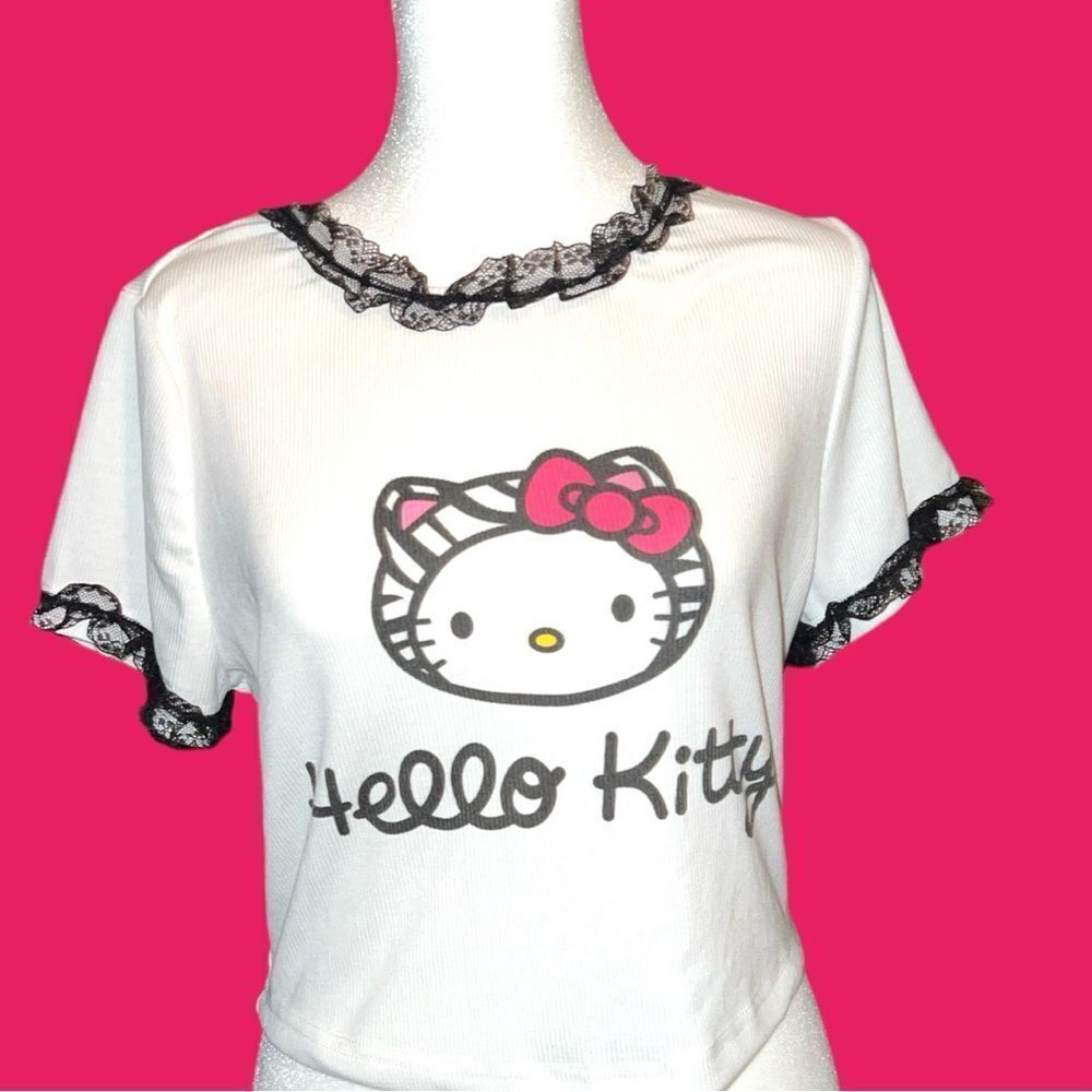 Shein/ hello kitty white ribbed crop top with black lace trim! New